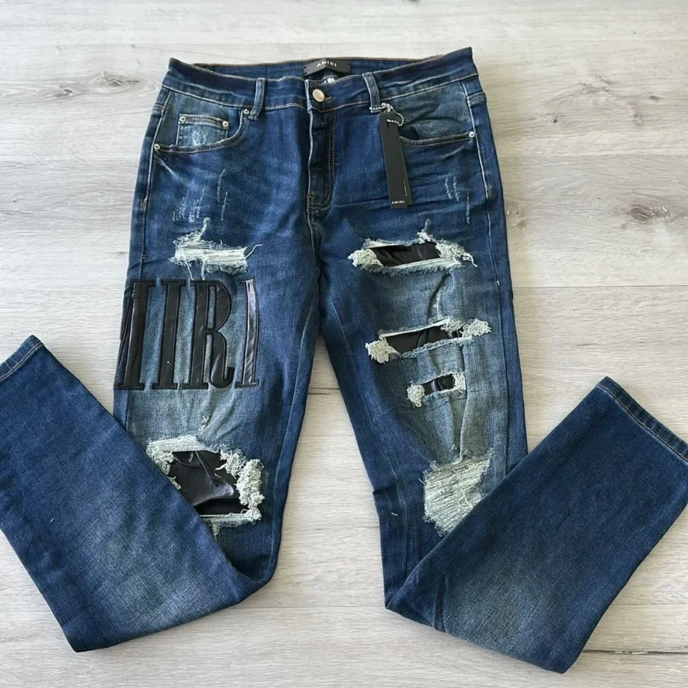 AMIRI Skinny-Fit Leather Appliquéd Distressed Jeans Blue/Black 32 NWT